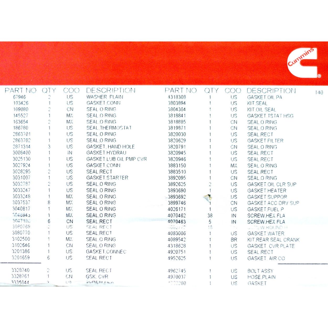 Комплект нижних прокладок для двигателя Cummins M11 M Series 4089998 Дополнительные артикулы 4089479, 3800704, 3804749, 3803572, 3803453, 3803294, 5560690